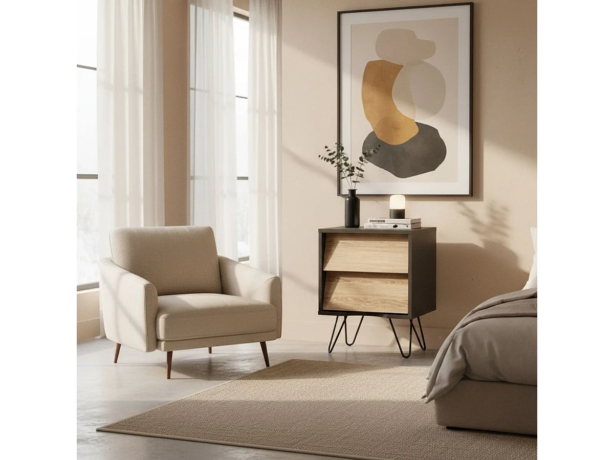 Mesita de noche MOA Vinthera 2 cajones negro/natural 49,5x40x30 cm