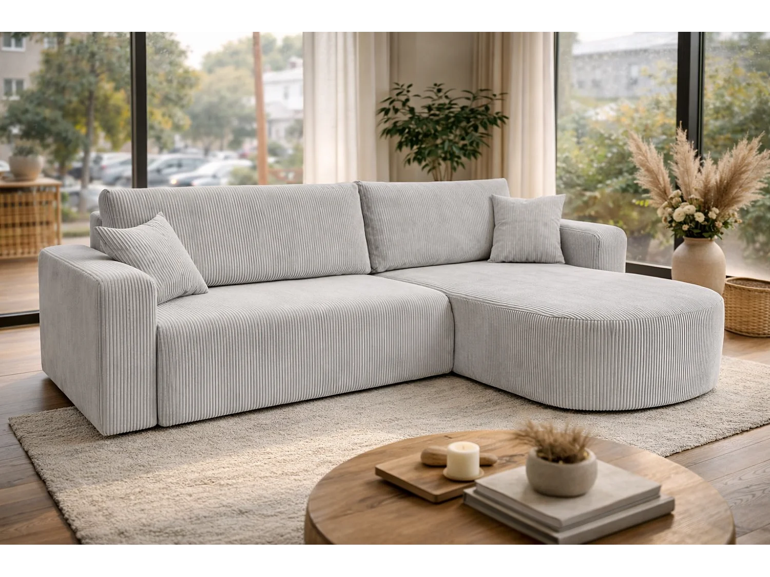 Divano letto angolare reversibile con vano contenitore universale in velluto a coste grigio chiaro Kimo XL