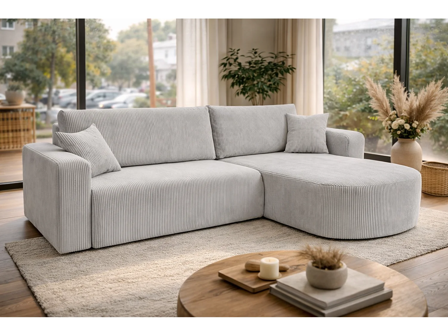 Divano letto angolare reversibile con vano contenitore universale in velluto a coste grigio chiaro Kimo XL