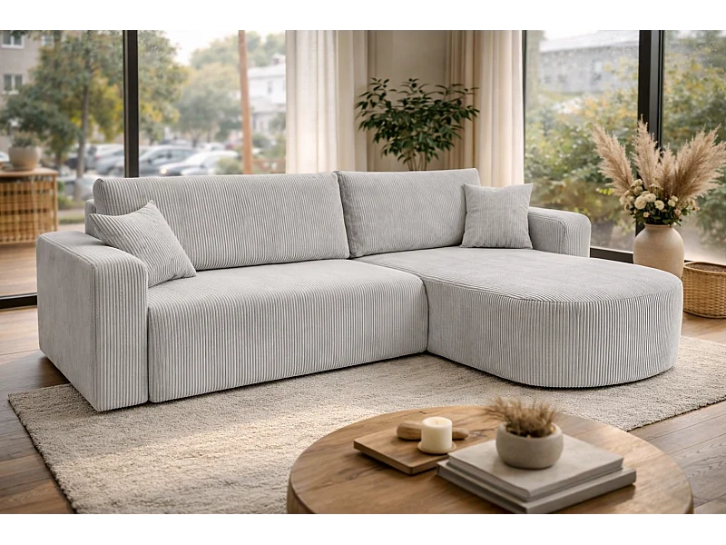 Canapé d'Angle réversible convertible avec fonction de couchage coffre universel en velours côtelé gris clair Kimo XL