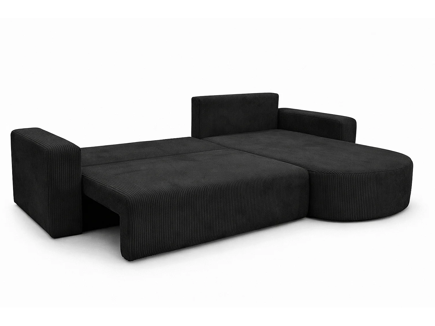 Divano letto angolare reversibile con vano contenitore universale in velluto a coste nero Kimo XL