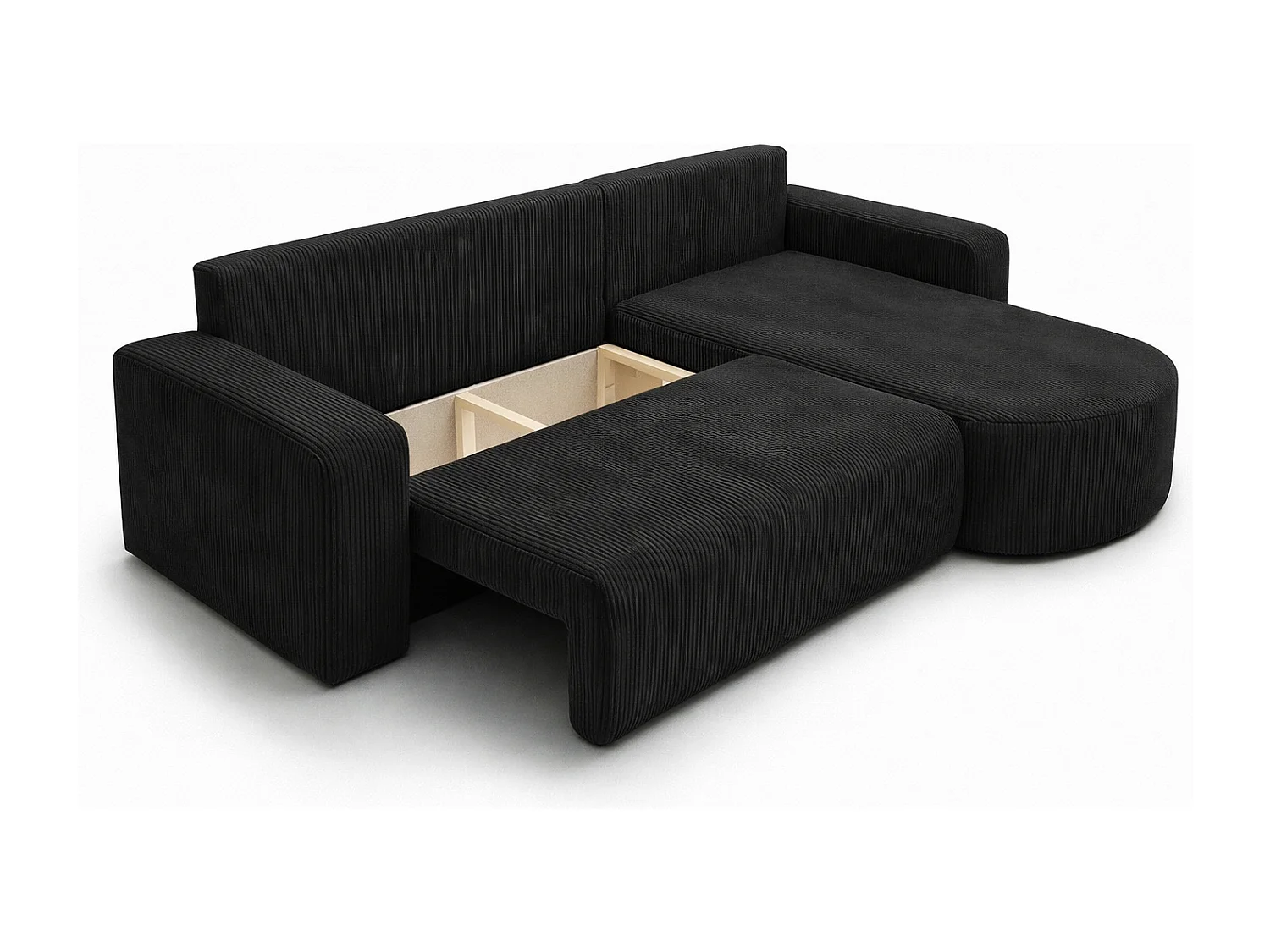 Divano letto angolare reversibile con vano contenitore universale in velluto a coste nero Kimo XL