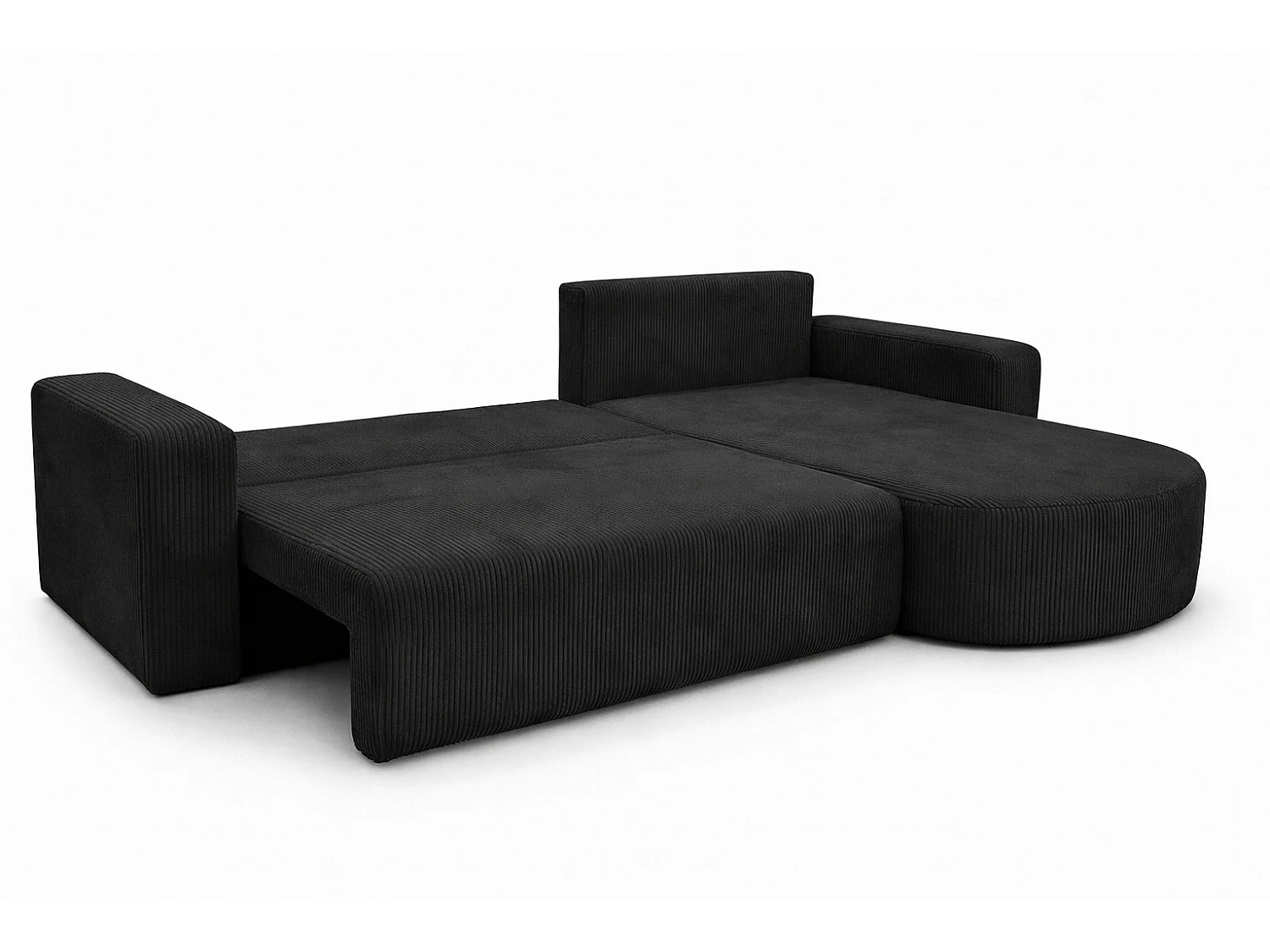 Divano letto angolare reversibile con vano contenitore universale in velluto a coste nero Kimo XL