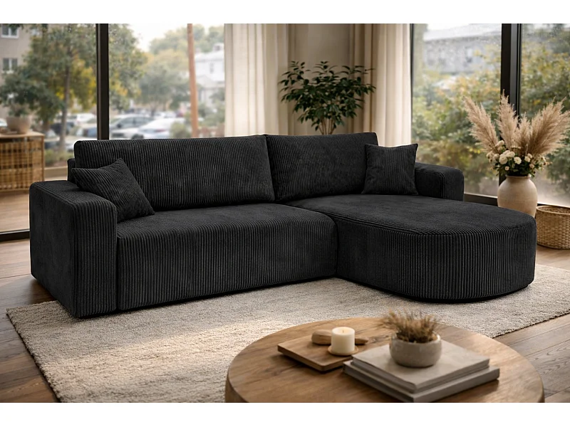 Canapé d'Angle réversible convertible avec fonction de couchage coffre universel en velours côtelé noir Kimo XL