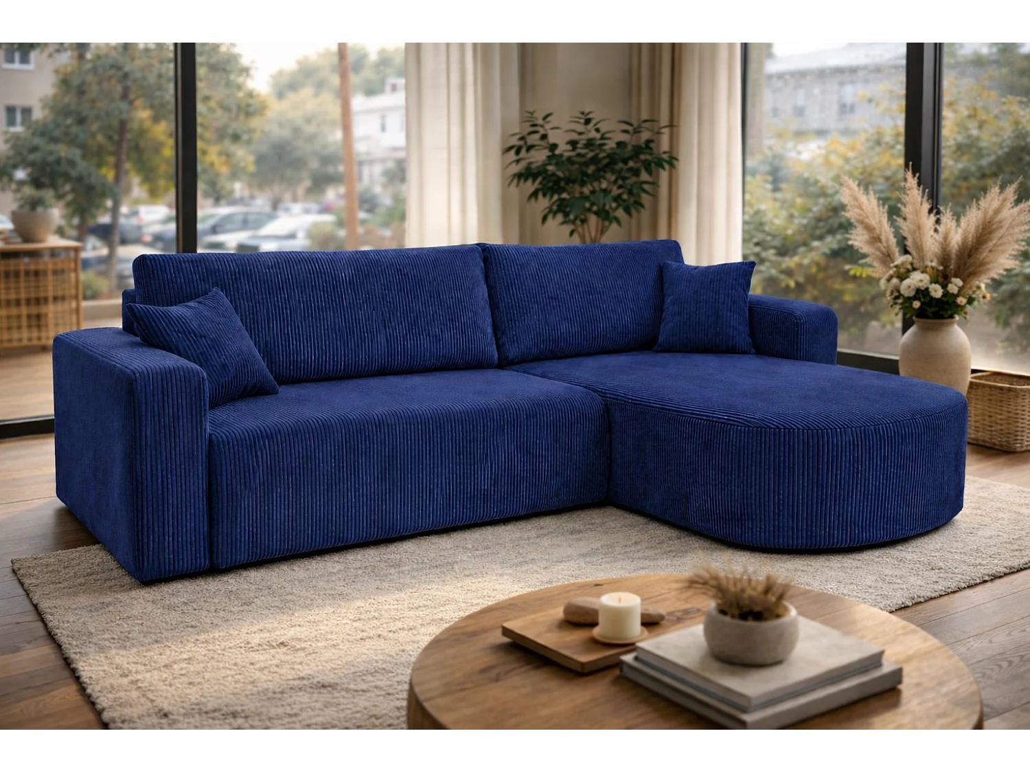 Divano letto angolare reversibile con vano contenitore universale in velluto a coste grigio Kimo XL