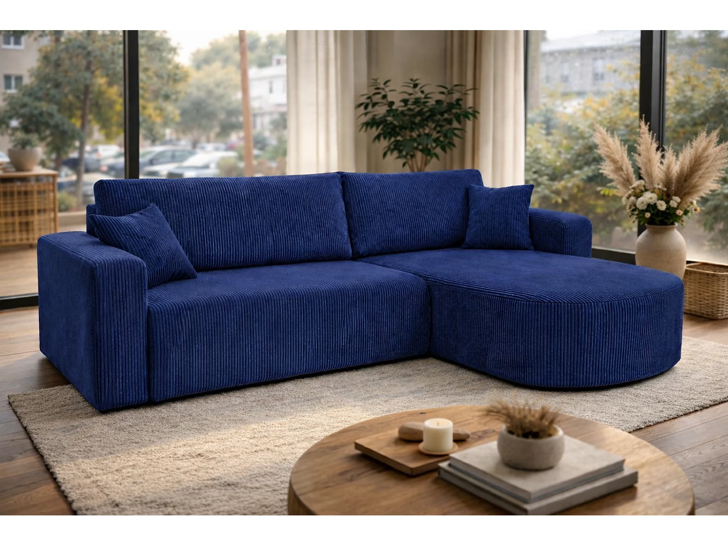 Divano letto angolare reversibile con vano contenitore universale in velluto a coste grigio Kimo XL