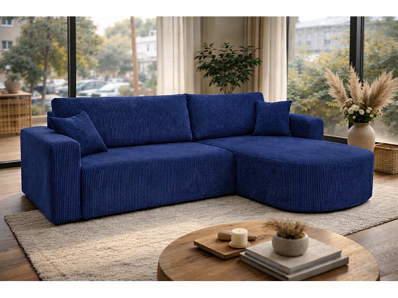 Canapé d'Angle réversible convertible avec fonction de couchage coffre universel en velours côtelé gris Kimo XL