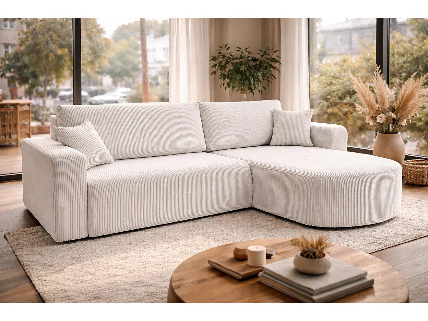 Canapé d'Angle réversible convertible avec fonction de couchage coffre universel en velours côtelé blanc Kimo XL