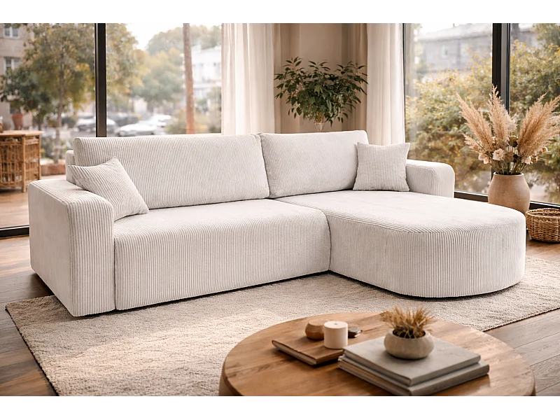 Canapé d'Angle réversible convertible avec fonction de couchage coffre universel en velours côtelé blanc Kimo XL