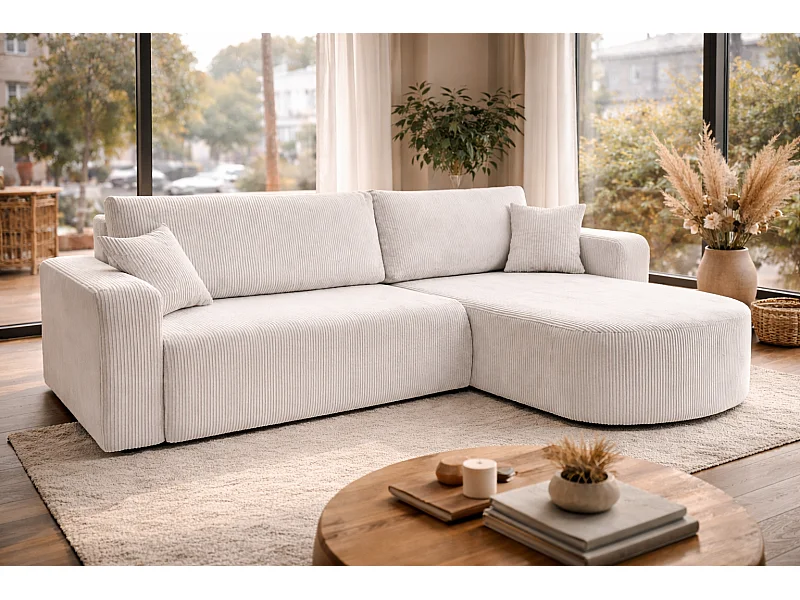 Canapé d'Angle réversible convertible avec fonction de couchage coffre universel en velours côtelé blanc Kimo XL