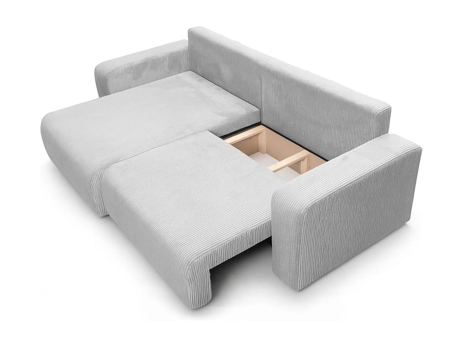 Omkeerbare hoekslaapbank Flora L met slaapfunctie en universele opbergbox in wit ribfluweel Rechtstreeks van de fabrikant, levering en plaatsing gratis!