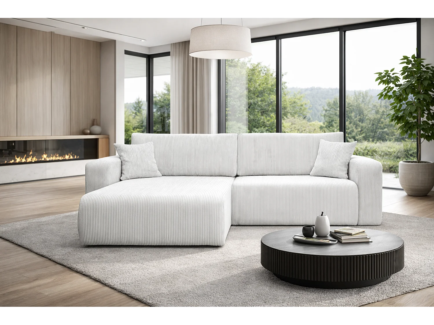 Divano letto angolare reversibile con vano contenitore universale in velluto a coste bianco Flora L