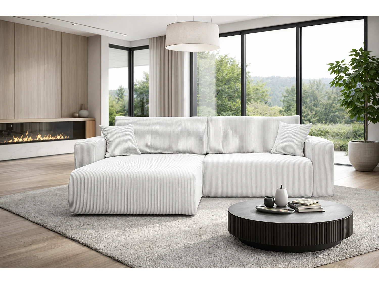 Omkeerbare hoekslaapbank Flora L met slaapfunctie en universele opbergbox in wit ribfluweel Rechtstreeks van de fabrikant, levering en plaatsing gratis!