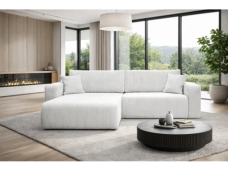 Canapé d'Angle réversible convertible avec fonction de couchage coffre universel en velours côtelé blanc Flora L