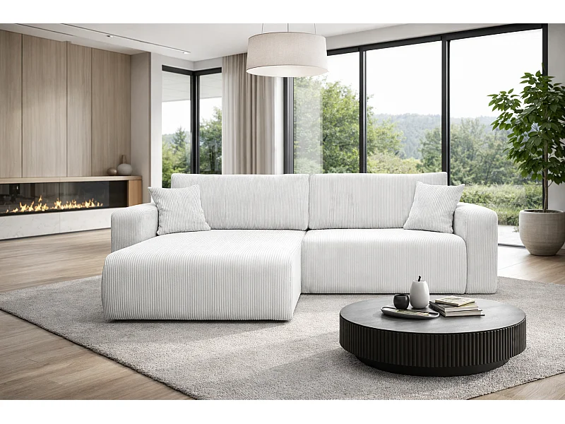 Canapé d'Angle réversible convertible avec fonction de couchage coffre universel en velours côtelé blanc Flora L