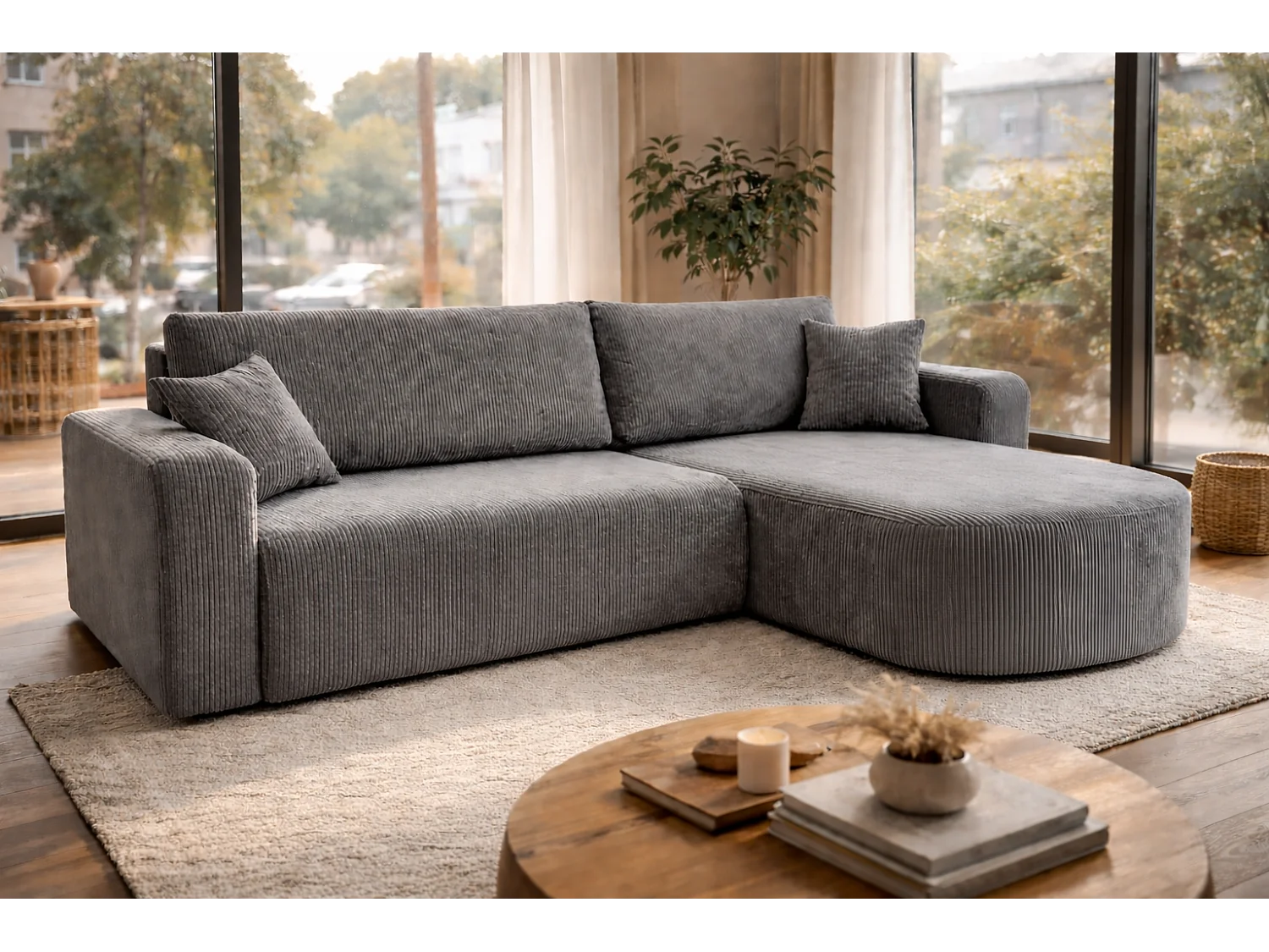 Canapé d'Angle réversible convertible avec fonction de couchage coffre universel en velours côtelé gris Kimo XL