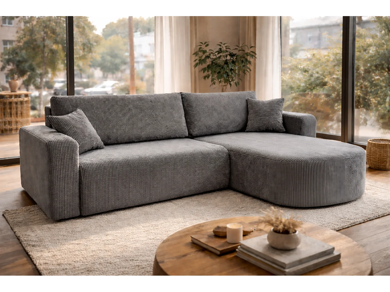 Canapé d'Angle réversible convertible avec fonction de couchage coffre universel en velours côtelé gris Kimo XL