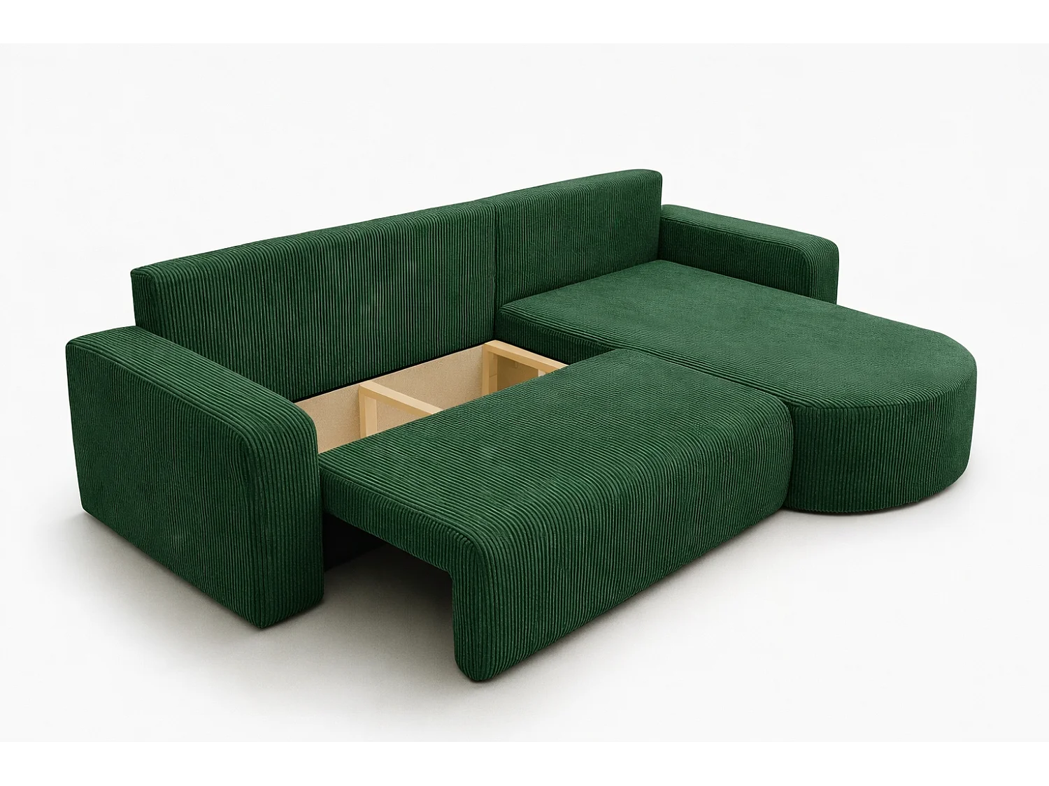 Divano letto angolare reversibile con vano contenitore universale in velluto a coste verde bottiglia Kimo XL