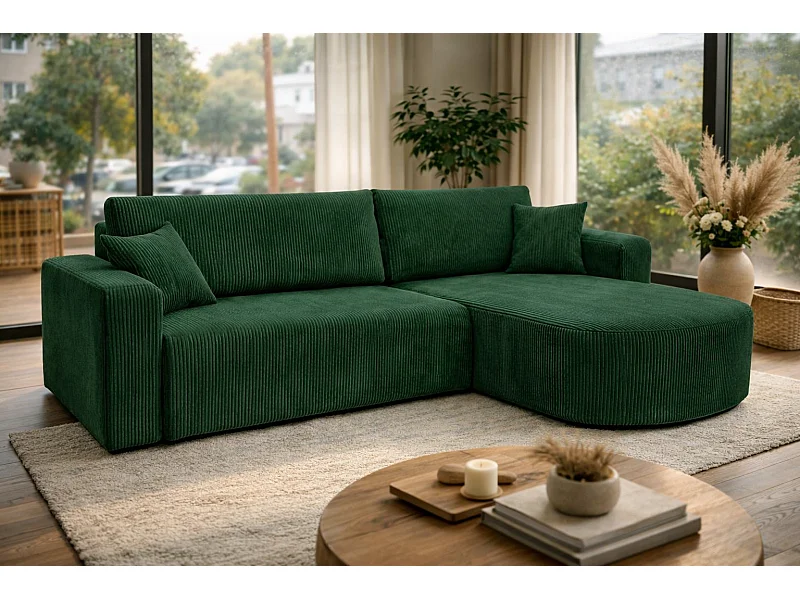 Canapé d'Angle réversible convertible avec fonction de couchage coffre universel en velours côtelé vert bouteille Kimo XL