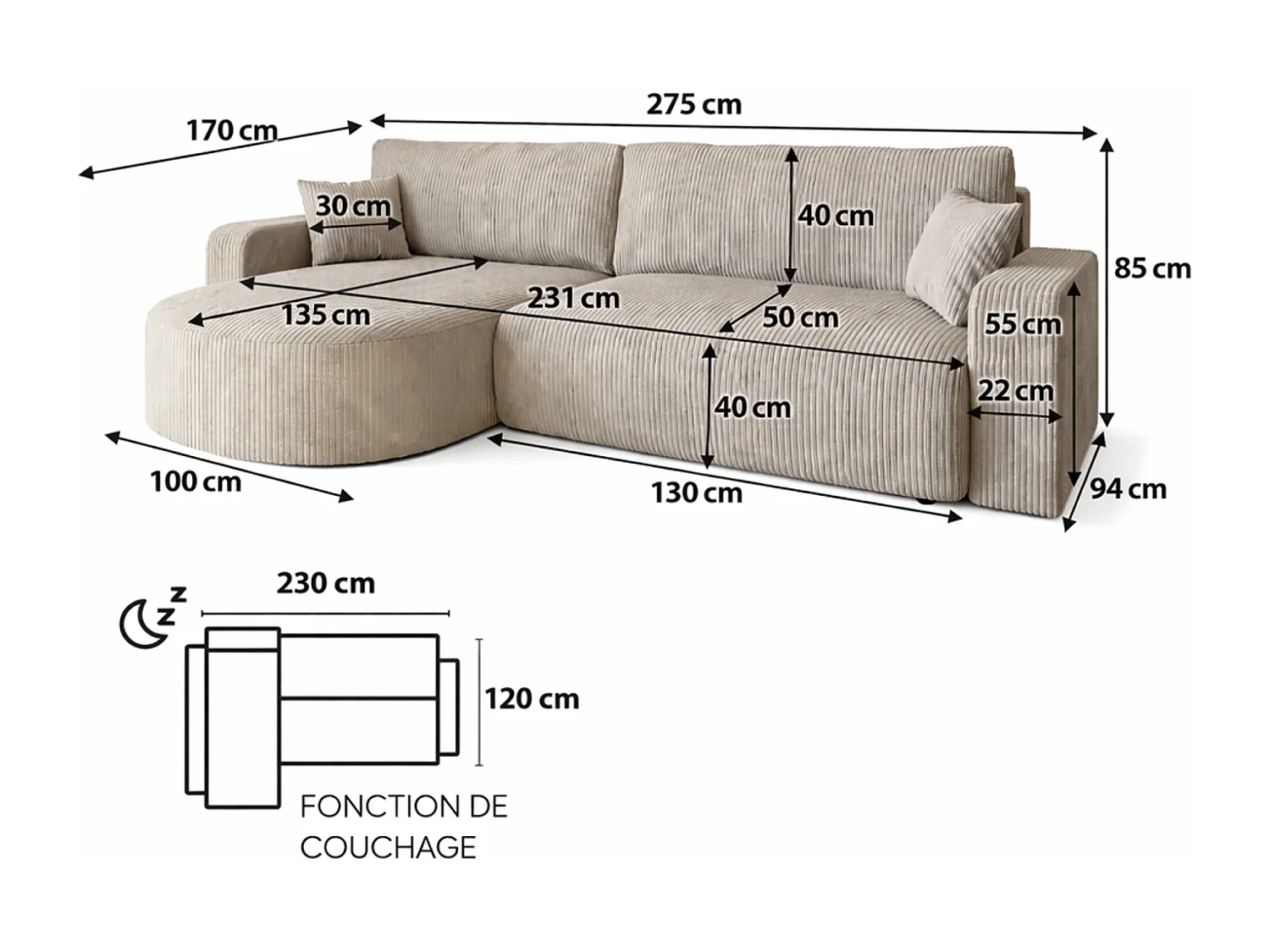 Canapé d'Angle réversible convertible avec fonction de couchage coffre universel en velours côtelé cuivre Kimo XL