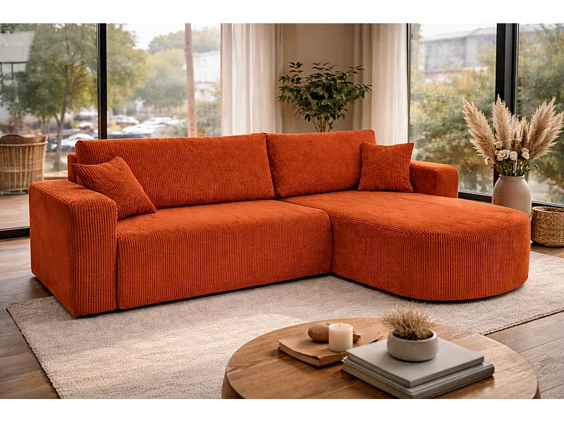 Canapé d'Angle réversible convertible avec fonction de couchage coffre universel en velours côtelé cuivre Kimo XL