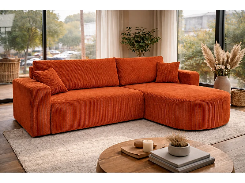 Canapé d'Angle réversible convertible avec fonction de couchage coffre universel en velours côtelé cuivre Kimo XL