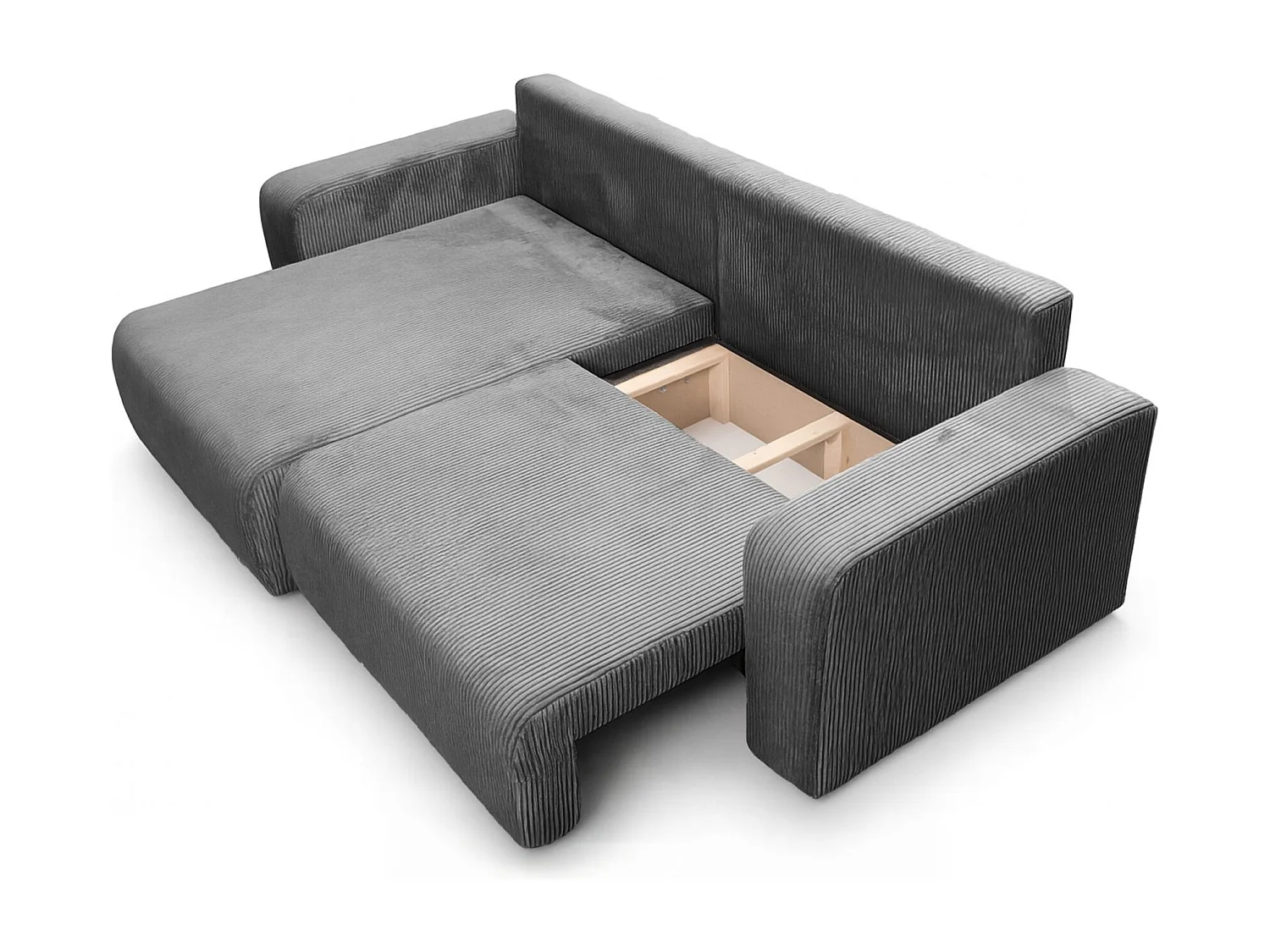 Omkeerbare hoekslaapbank Flora L met slaapfunctie en universele opbergbox in grijs ribfluweel Rechtstreeks van de fabrikant, levering en plaatsing gratis!