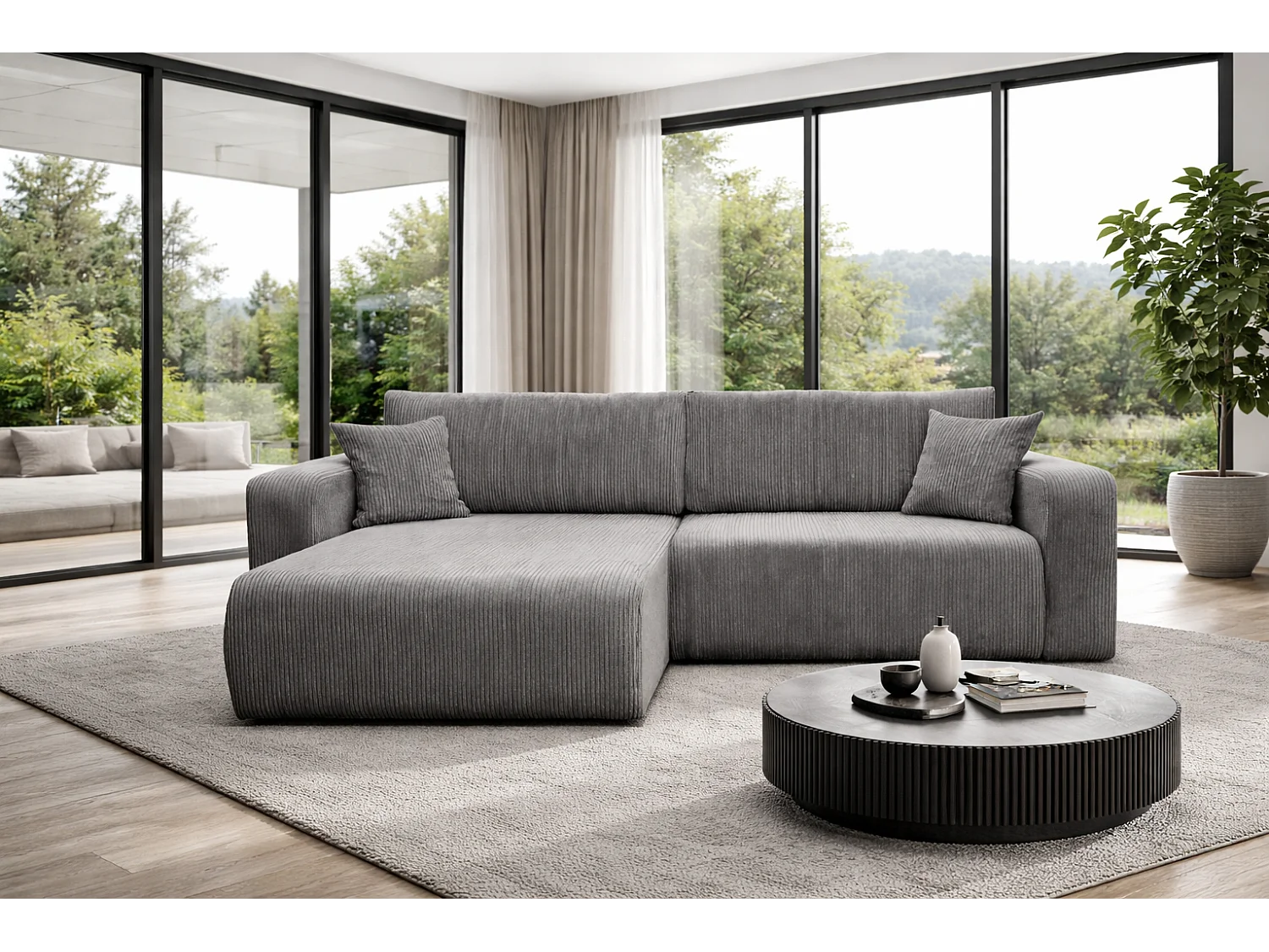 Divano letto angolare reversibile con vano contenitore universale in velluto a coste grigio Flora L