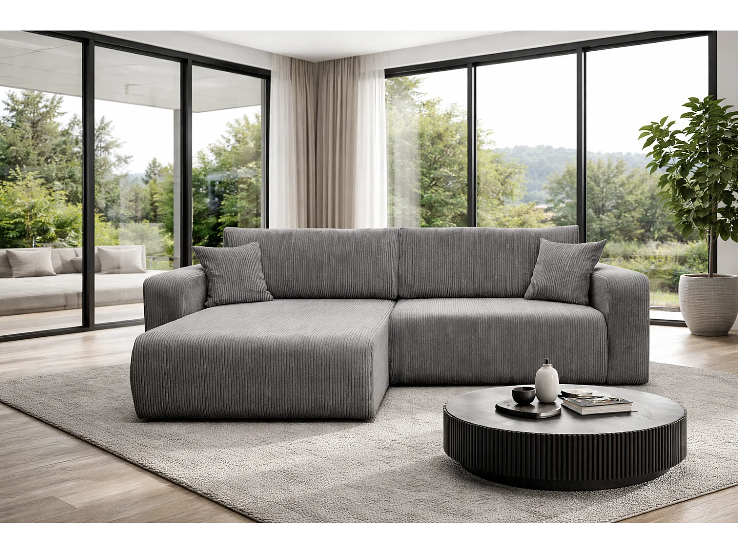 Omkeerbare hoekslaapbank Flora L met slaapfunctie en universele opbergbox in grijs ribfluweel Rechtstreeks van de fabrikant, levering en plaatsing gratis!