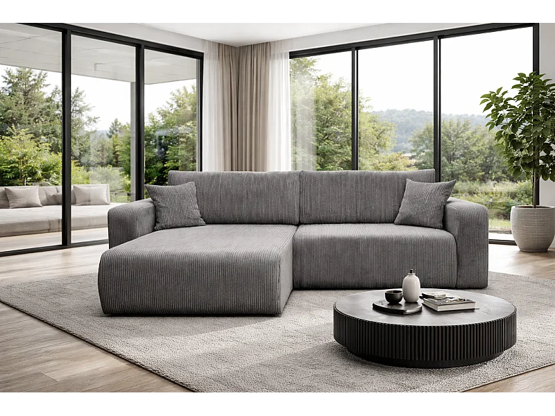 Canapé d'Angle réversible convertible avec fonction de couchage coffre universel en velours côtelé gris Flora L