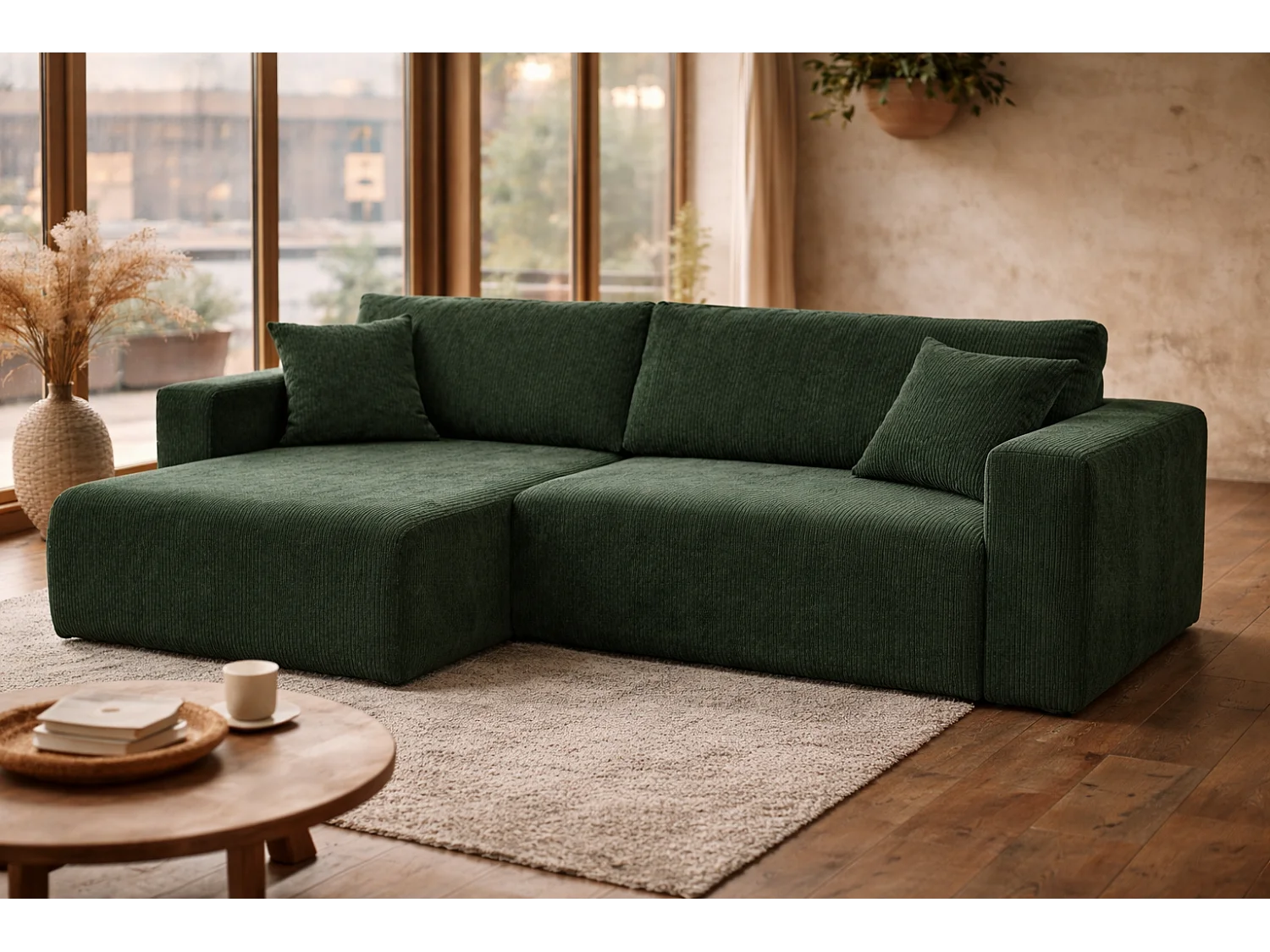 Divano letto angolare reversibile con vano contenitore universale in velluto a coste verde bottiglia Flora L