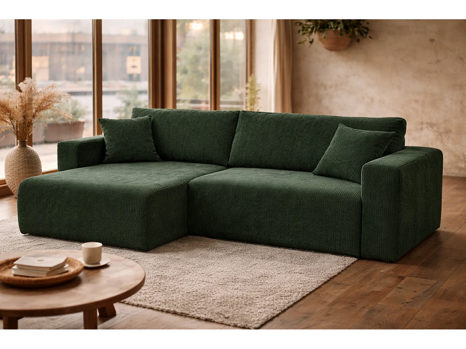 Omkeerbare hoekslaapbank Flora L met slaapfunctie en universele opbergbox in fles groen ribfluweel Rechtstreeks van de fabrikant, levering en plaatsing gratis!