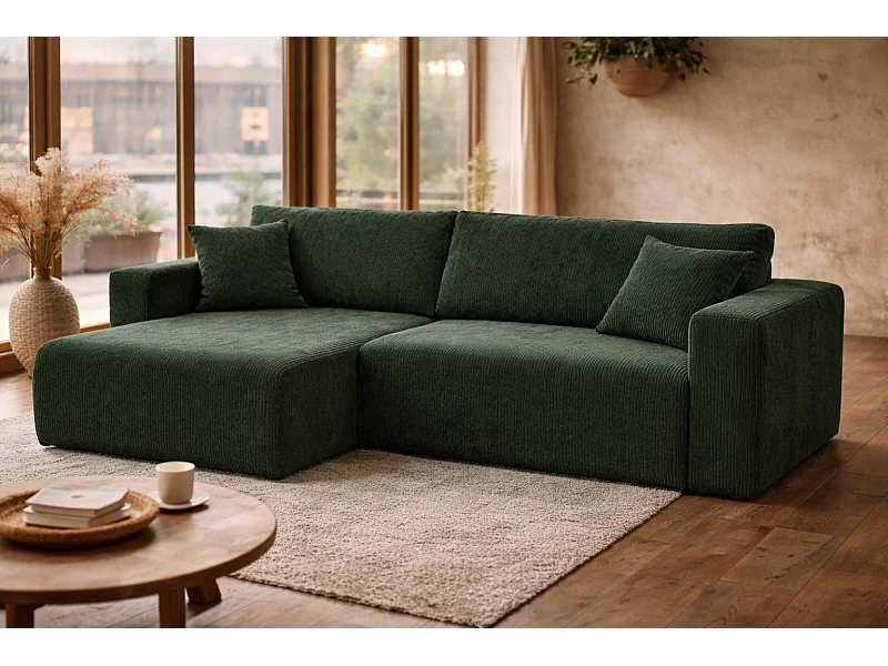 Canapé d'Angle réversible convertible avec fonction de couchage coffre universel en velours côtelé vert bouteille Flora L