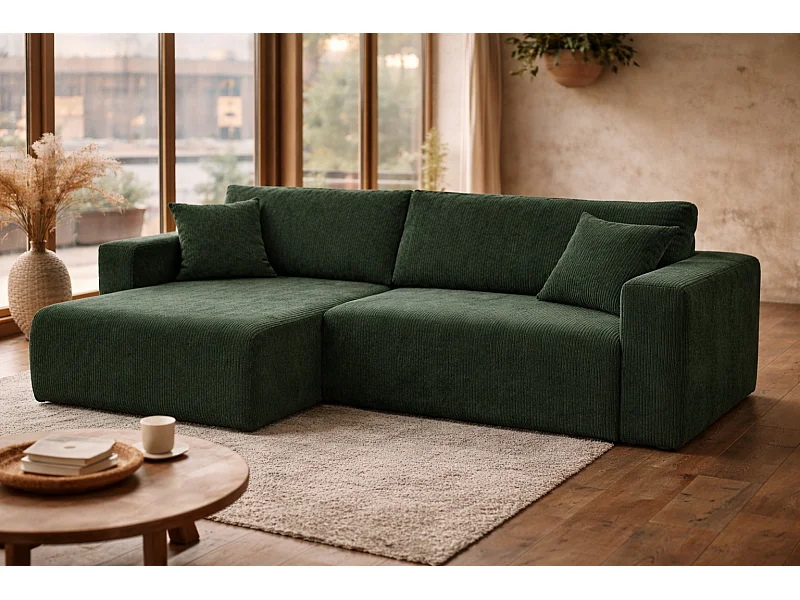 Canapé d'Angle réversible convertible avec fonction de couchage coffre universel en velours côtelé vert bouteille Flora L