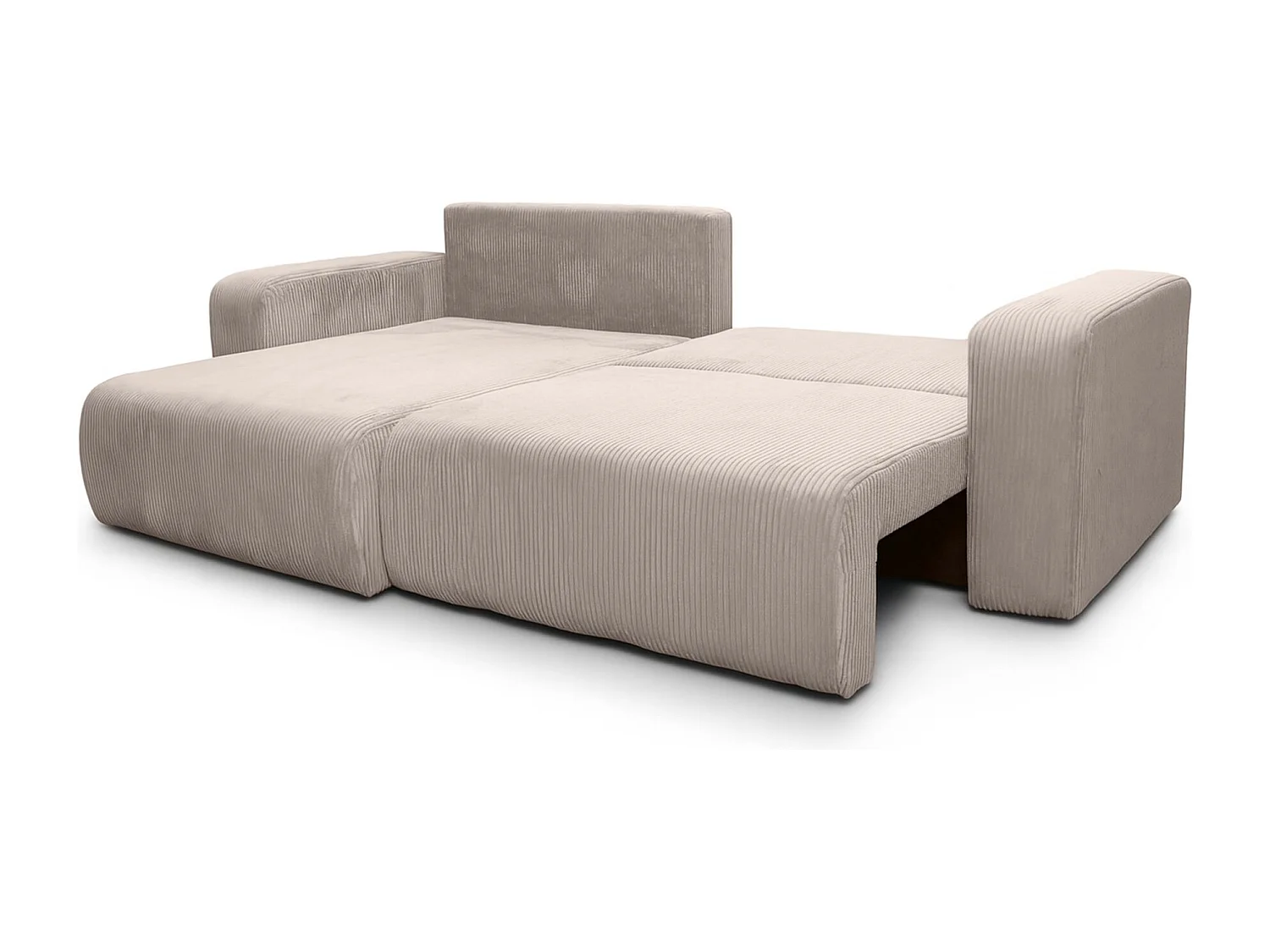 Omkeerbare hoekslaapbank Flora L met slaapfunctie en universele opbergbox in beige ribfluweel Rechtstreeks van de fabrikant, levering en plaatsing gratis!