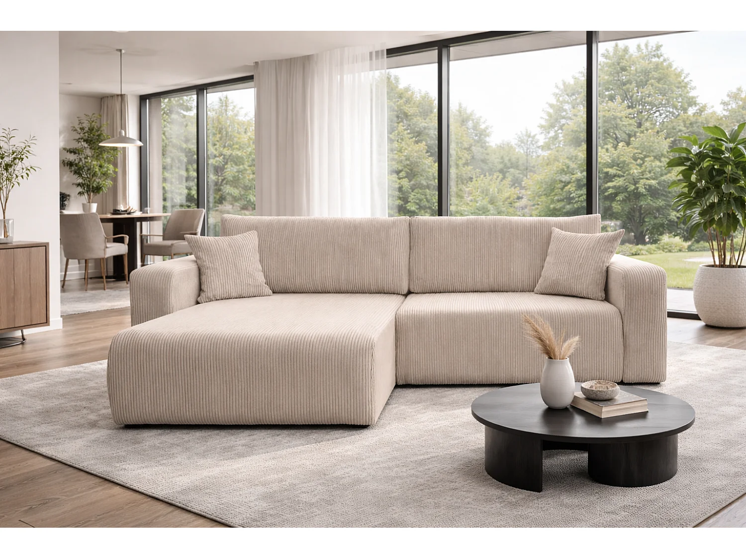 Omkeerbare hoekslaapbank Flora L met slaapfunctie en universele opbergbox in beige ribfluweel Rechtstreeks van de fabrikant, levering en plaatsing gratis!