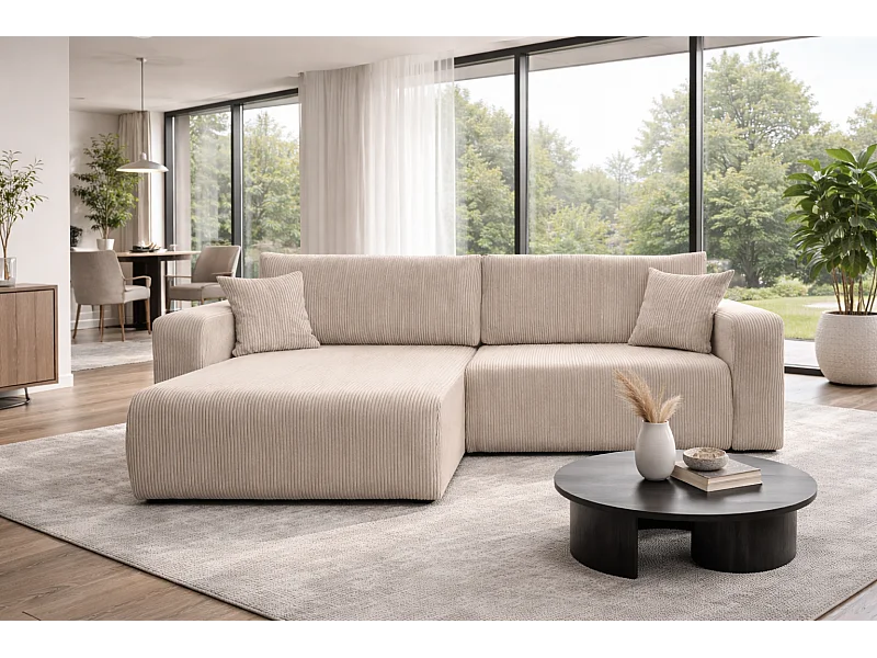 Canapé d'Angle réversible convertible avec fonction de couchage coffre universel en velours côtelé beige Flora L