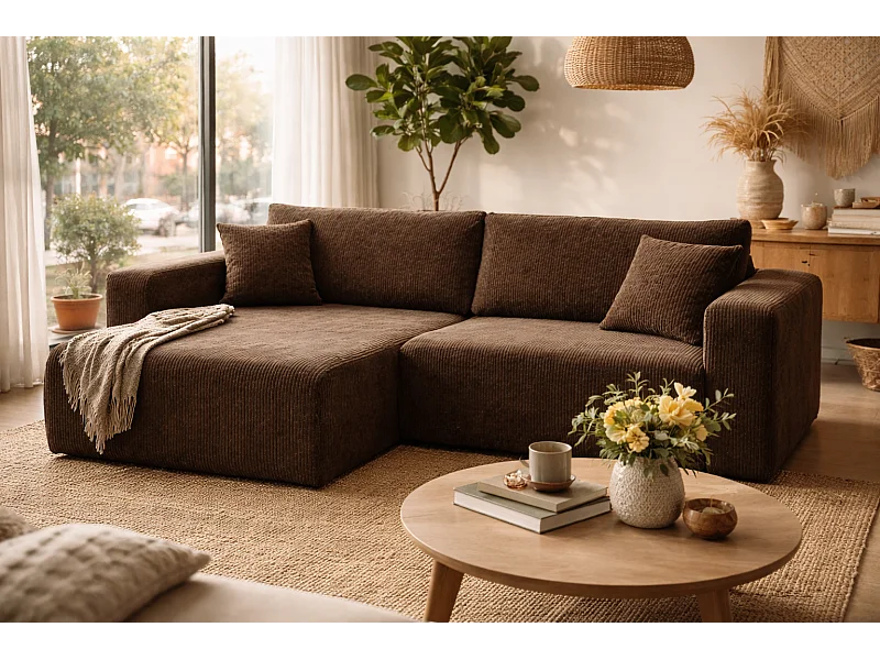 Canapé d'Angle réversible convertible avec fonction de couchage coffre universel en velours côtelé brun chocolat Flora L