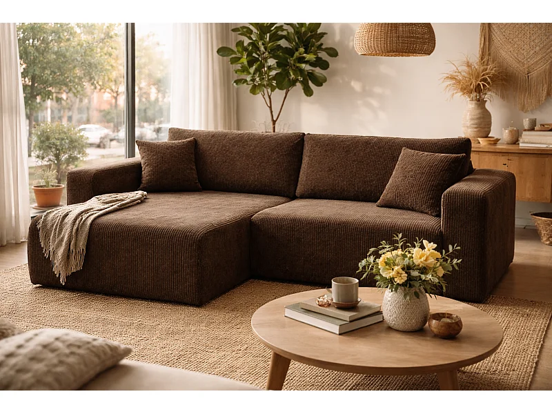 Canapé d'Angle réversible convertible avec fonction de couchage coffre universel en velours côtelé brun chocolat Flora L