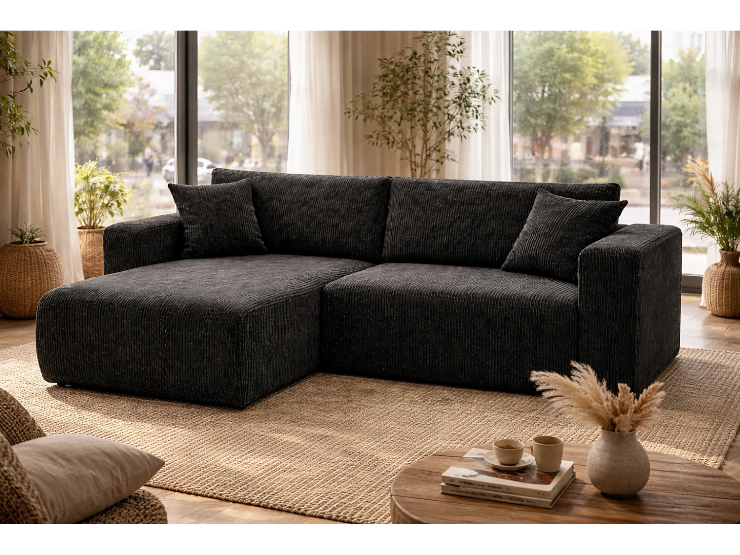 Divano letto angolare reversibile con vano contenitore universale in velluto a coste nero Flora L