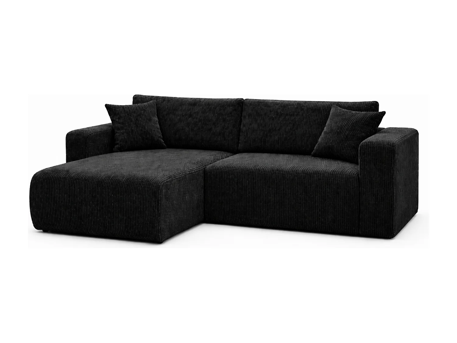 Divano letto angolare reversibile con vano contenitore universale in velluto a coste nero Flora L