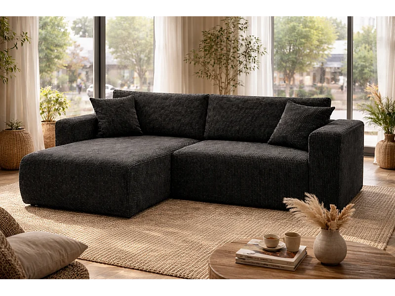 Canapé d'Angle réversible convertible avec fonction de couchage coffre universel en velours côtelé noir Flora L