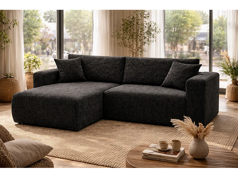 Divano letto angolare reversibile con vano contenitore universale in velluto a coste nero Flora L