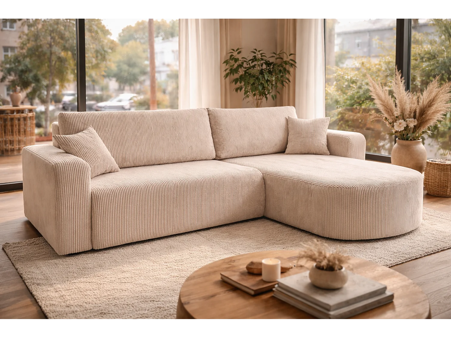 Canapé d'Angle réversible convertible avec fonction de couchage coffre universel en velours côtelé beige Kimo XL