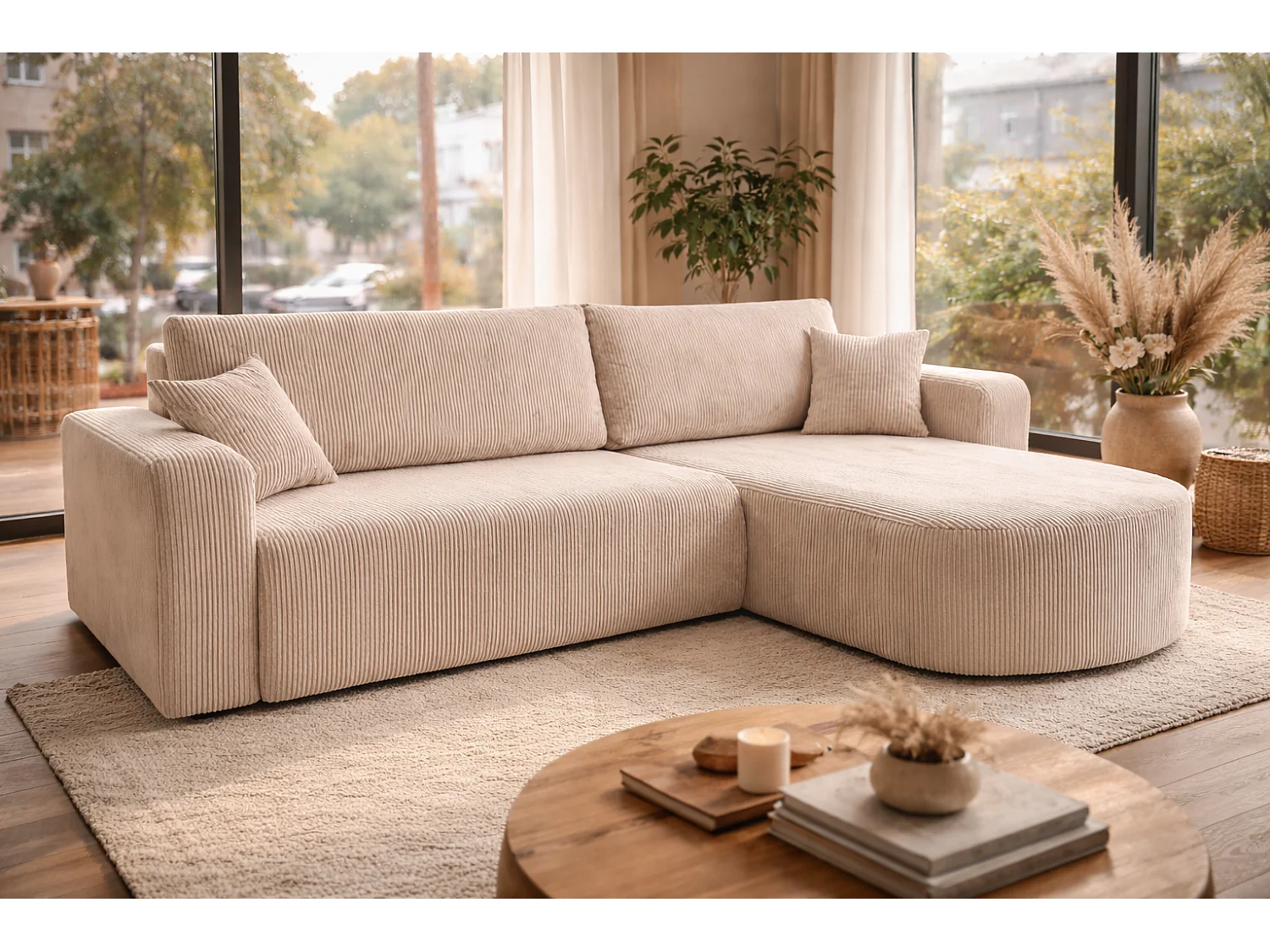 Divano letto angolare reversibile con vano contenitore universale in velluto a coste beige Kimo XL