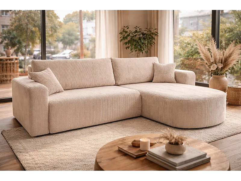 Canapé d'Angle réversible convertible avec fonction de couchage coffre universel en velours côtelé beige Kimo XL