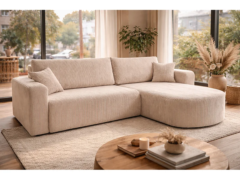 Canapé d'Angle réversible convertible avec fonction de couchage coffre universel en velours côtelé beige Kimo XL