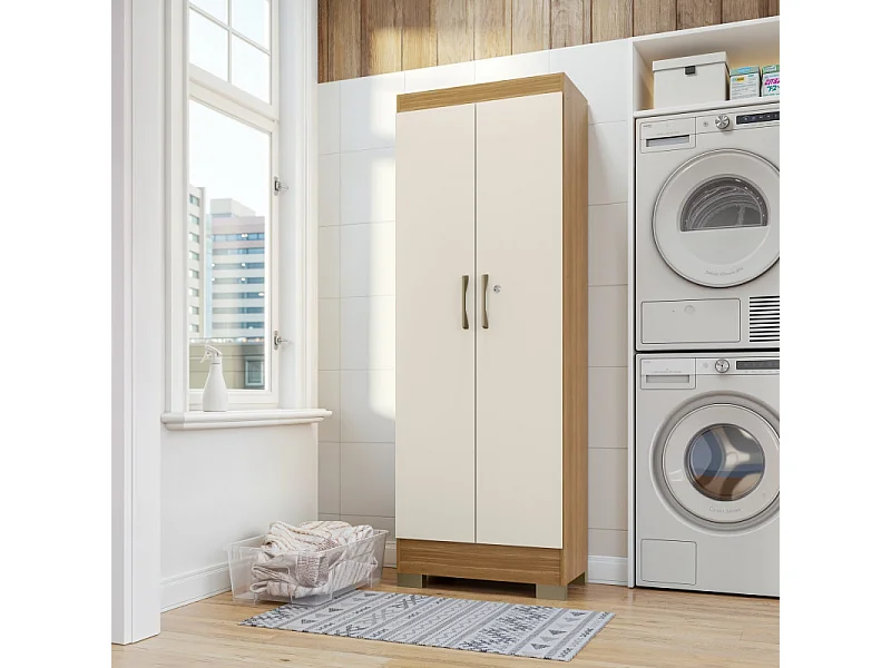 Armoire Multifonctions Chêne et Blanc Ecru 2 portes 5 Niches L 63 H 180 P 35 cm