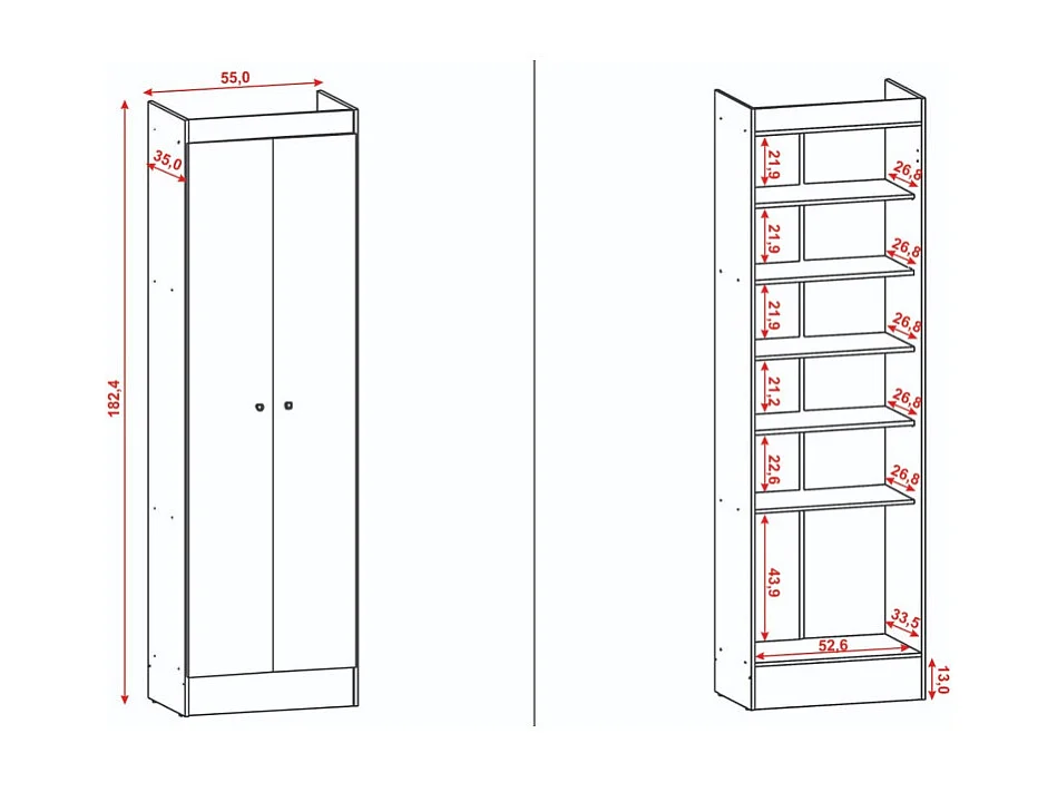 Armoire Multifonctions Noire 2 portes 5 Niches L 63 H 180 P 35 cm