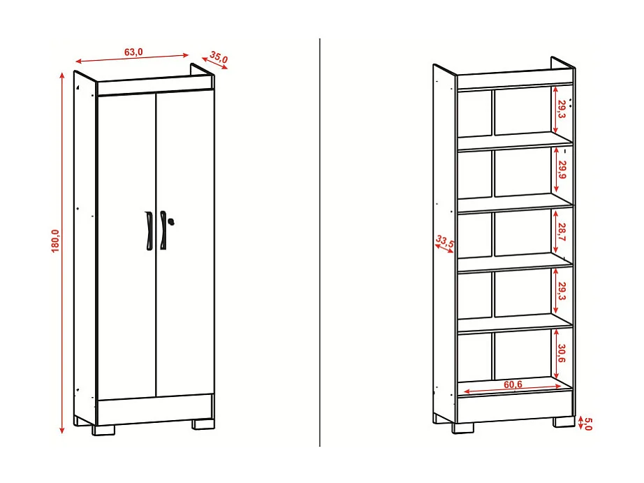 Armoire Multifonctions 2 portes 5 Niches Noire L 63 H 180 P 35 cm